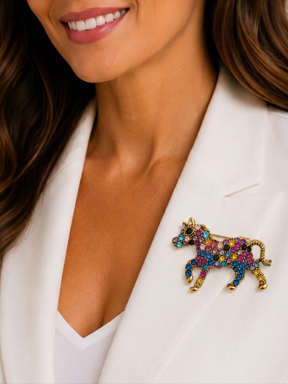 💎 Multicolor Rhinestone Horse Brooch Gold Tone Equestrian Statement Pin EUC